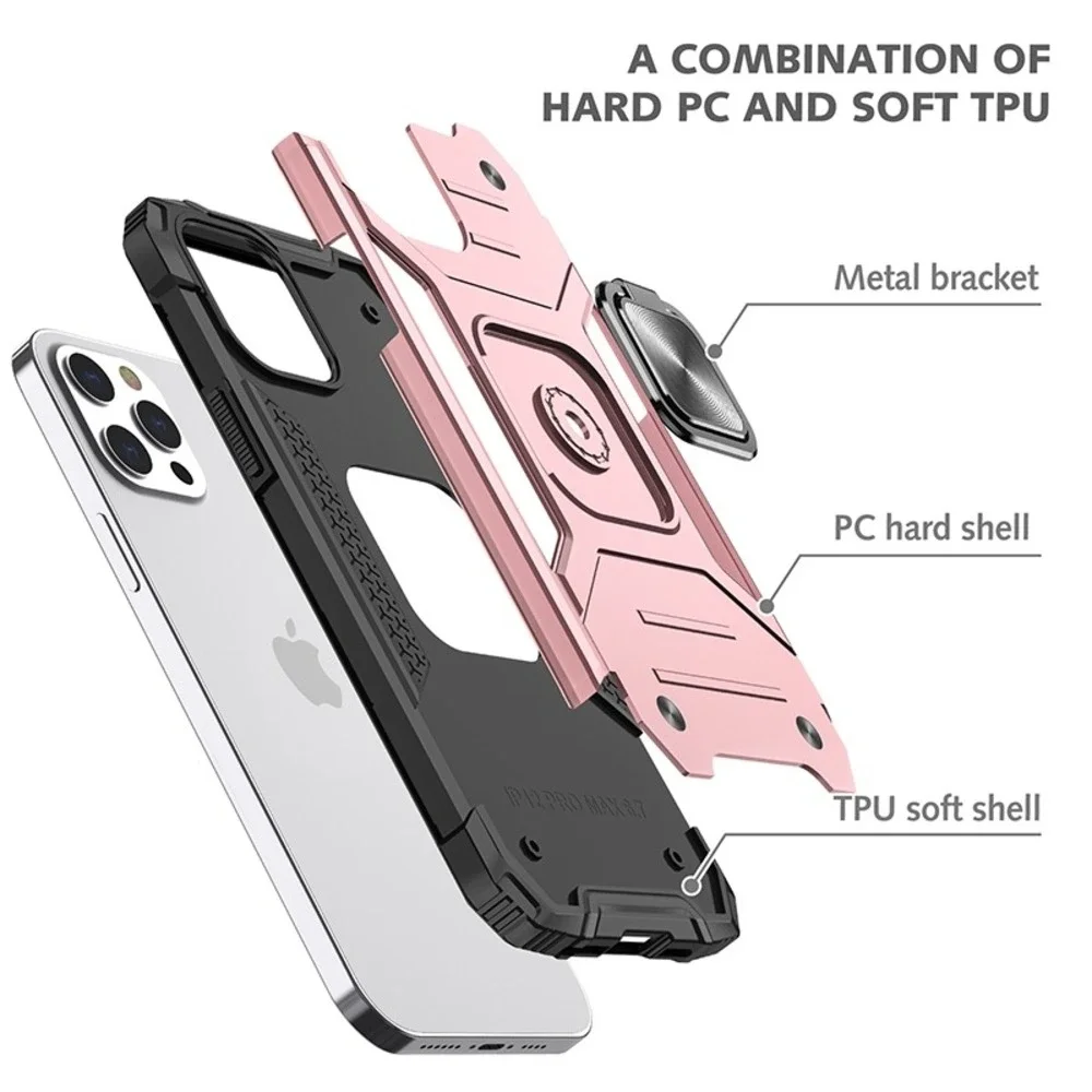 iPhone 13 Pro Max Case Shockproof Heavy Duty Magnetic Ring Stand Rose Gold Cover